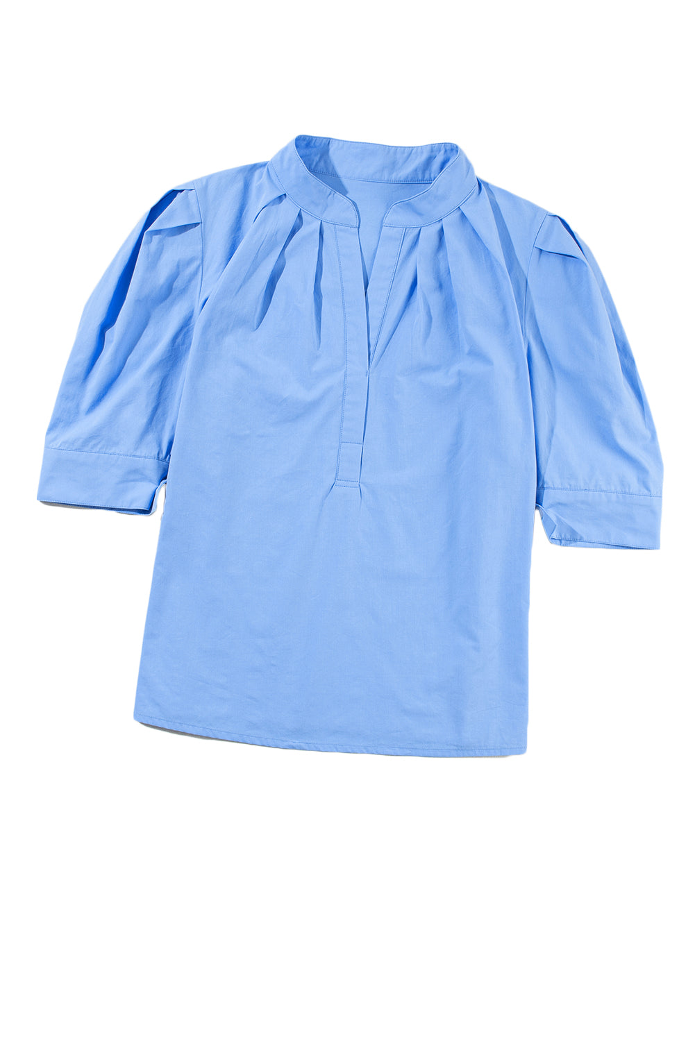 Camicia con collo alto abbottonato e maniche a 3/4 in tinta unita blu cielo