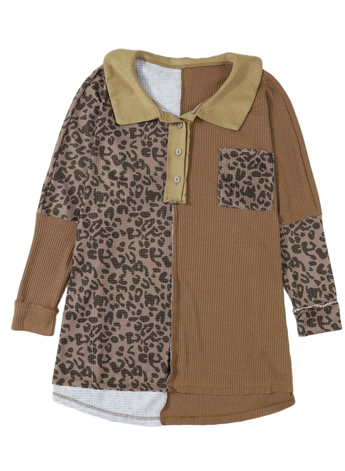 Blouse boutonnée en tricot gaufré patchwork léopard kaki