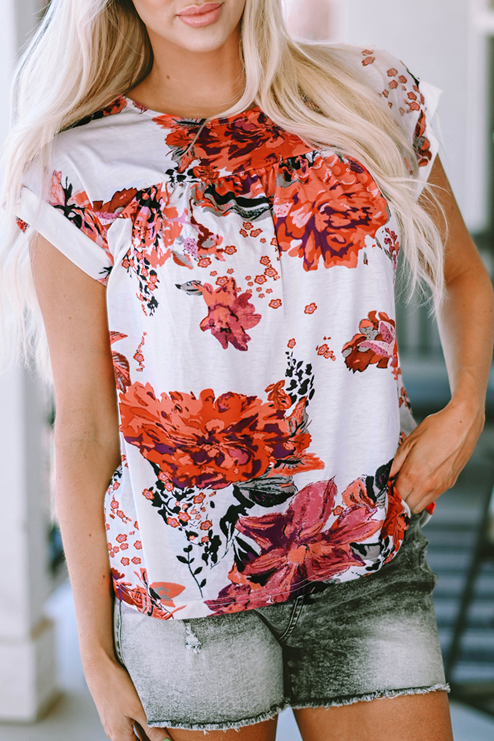 Fiery Red Floral Short Sleeve Round Neck Blouse