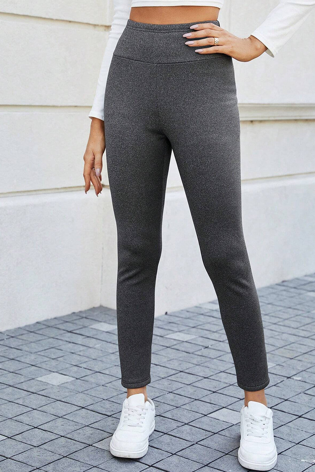 Leggings a vita alta alla caviglia in maglia termica foderati in pile grigio scuro