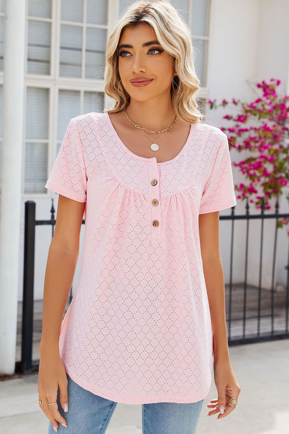 Light Pink Eyelet Short Sleeve Buttoned Round Neck Top