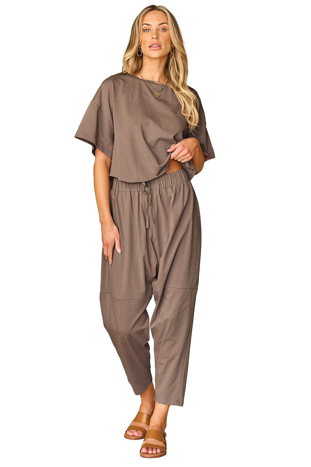 Simply Taupe High Low Boxy Fit T-Shirt und Crop-Hosen-Set