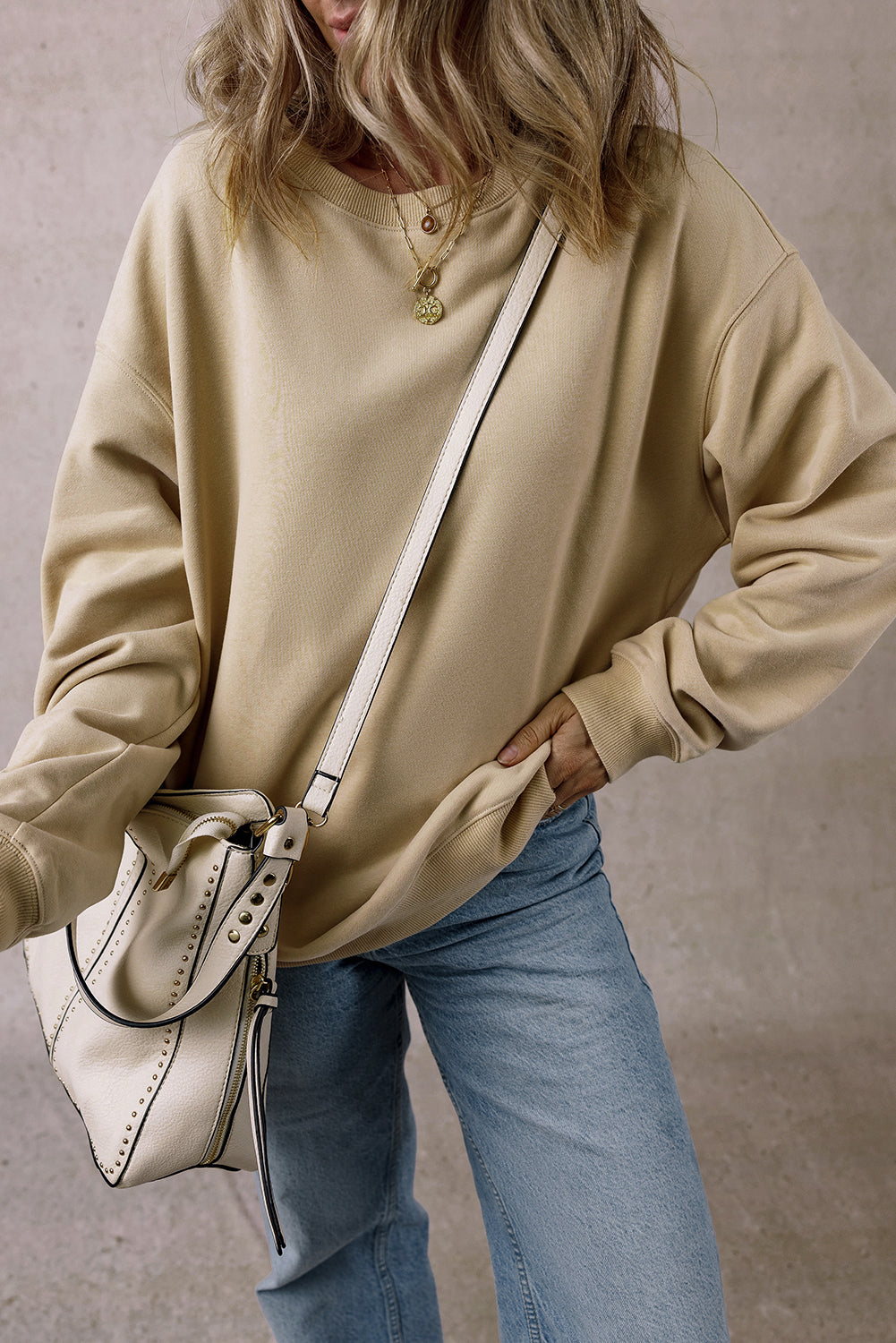 Parchment Solid Lockeres Fleece-Sweatshirt mit Rundhalsausschnitt