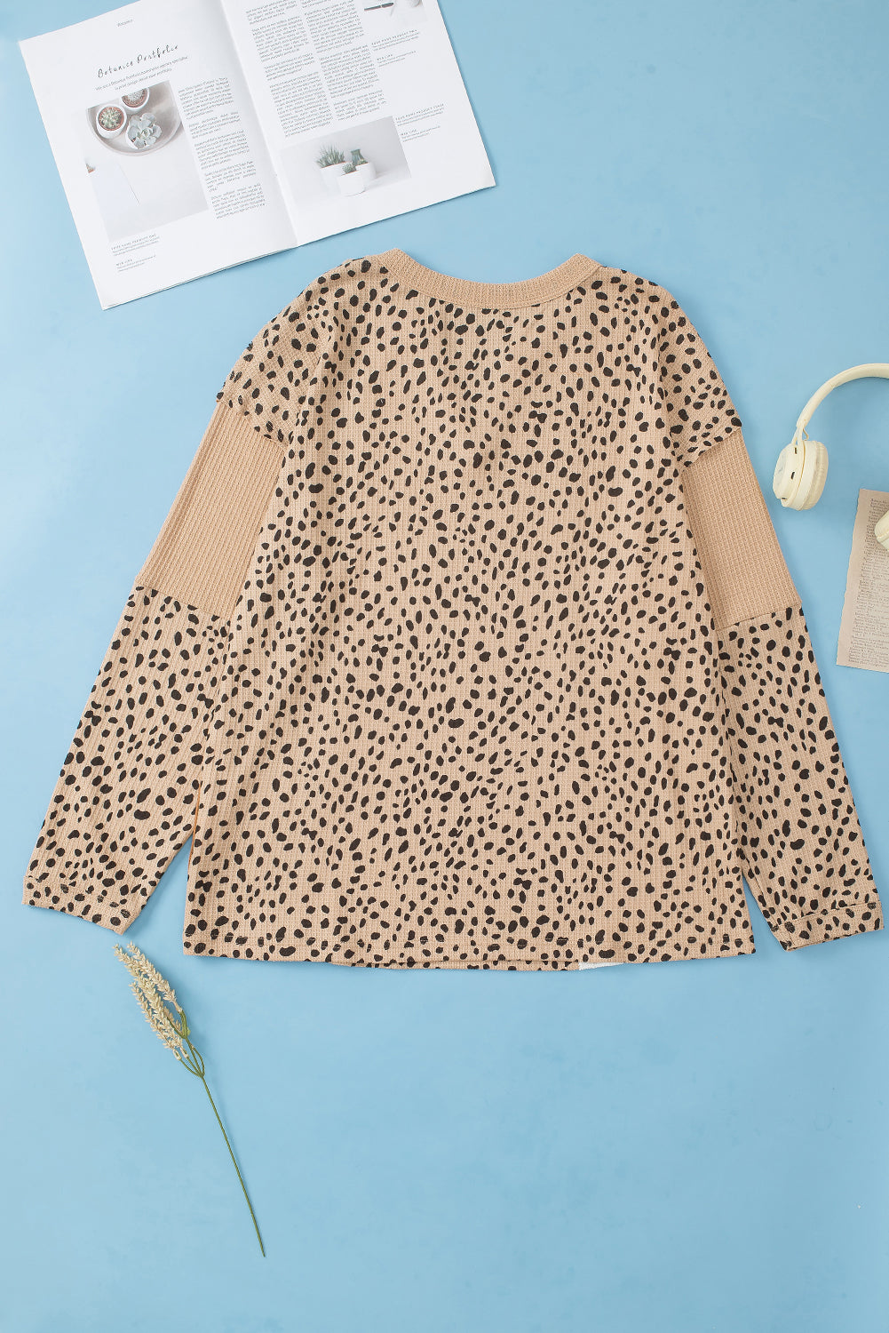 Leopard Print Waffle Knit Patchwork Exposed Seam Top