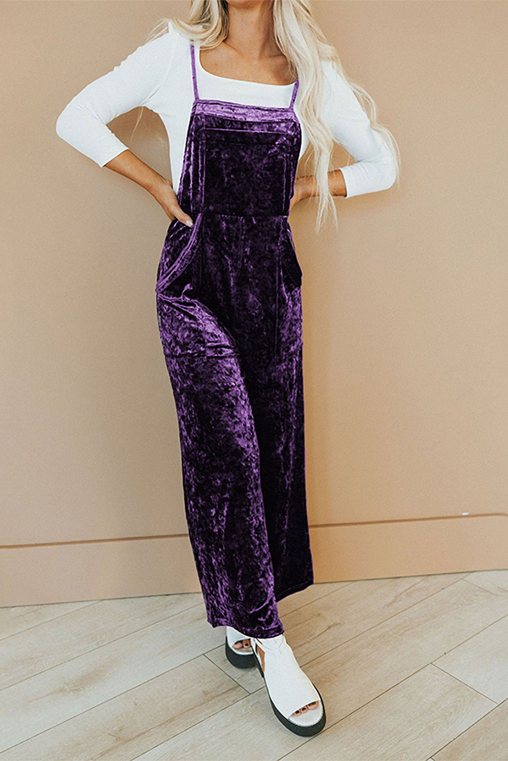 Tillandsia violet vintage fines bretelles poches latérales salopette en velours