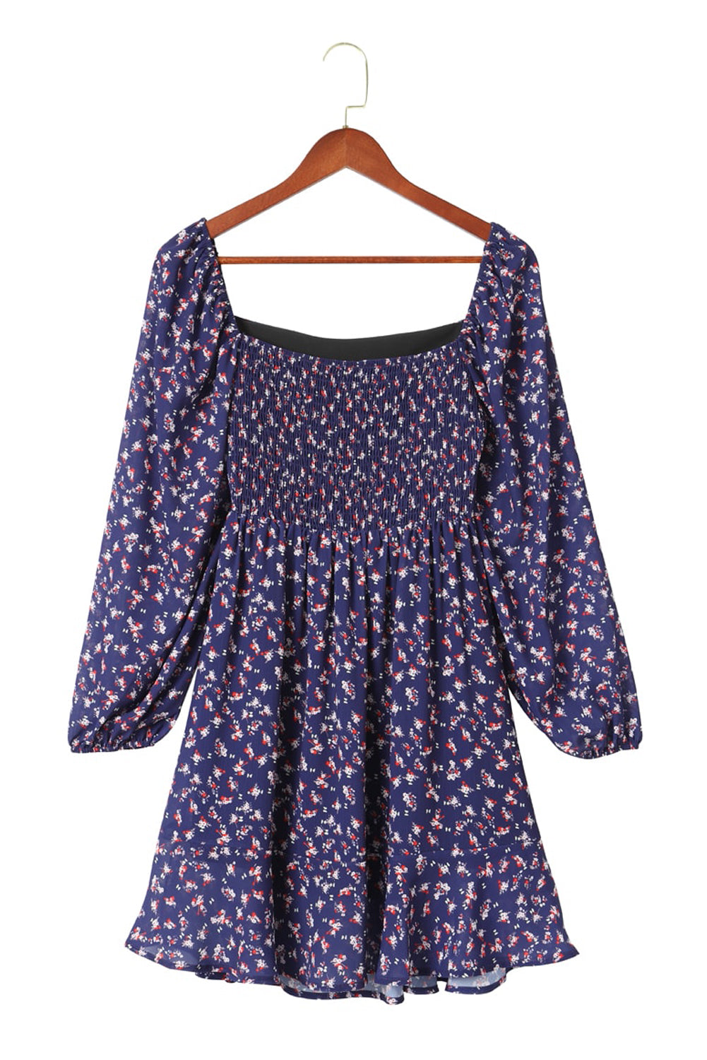 Blue Floral Print Smocked Square Neck Bubble Sleeve Dress