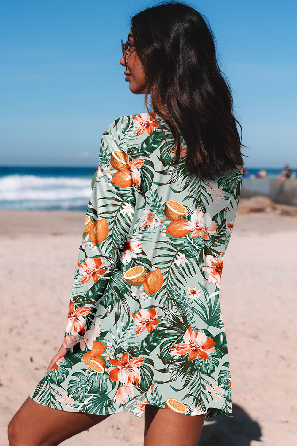 Grüner 3-teiliger Twist-Bikini mit tropischem Print und Kimono