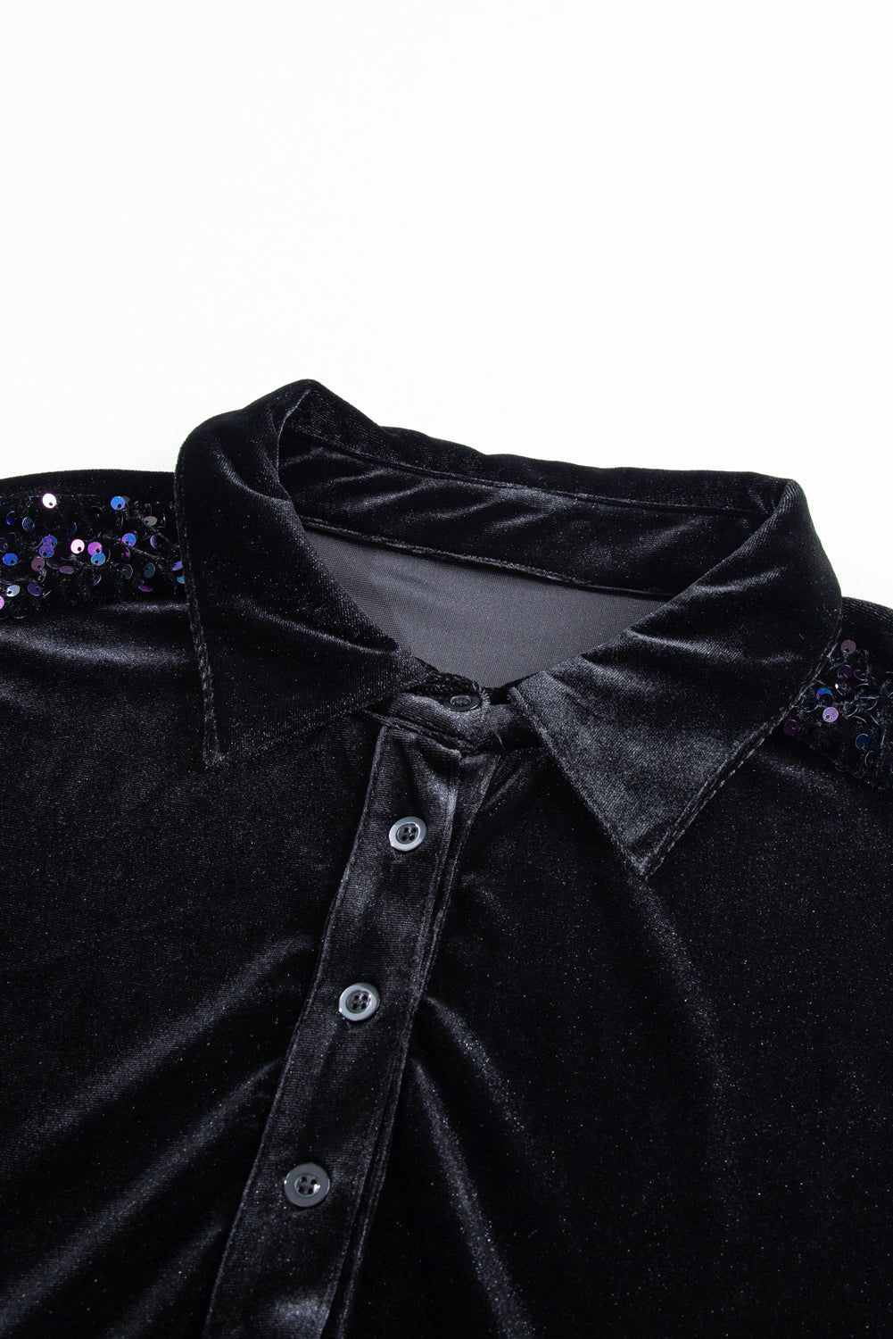 Schwarzes, geknöpftes Samt-Schößchenhemd mit Pailletten und Puffärmeln