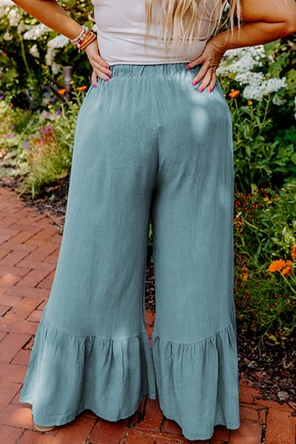 Himmelblaue Plus-Size-Hose mit hohem Bund, Rüschen und Patchwork und weitem Bein