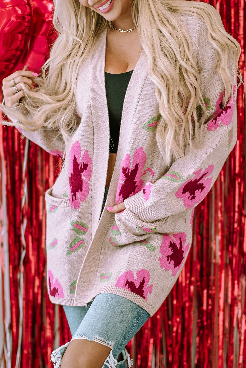 Floral Print Pocketed Open Front Cardigan