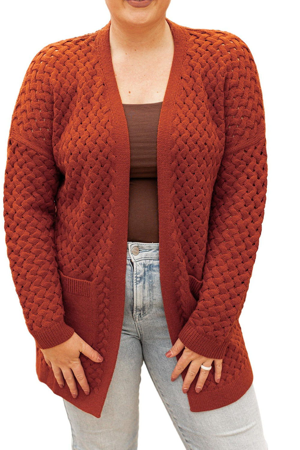 Cardigan grande taille en tricot tissé châtain avec poches latérales
