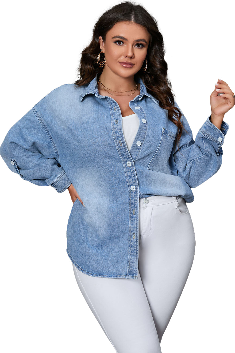 Himmelblaue Plus-Size-Jeansjacke mit Knopfleiste und Brusttasche