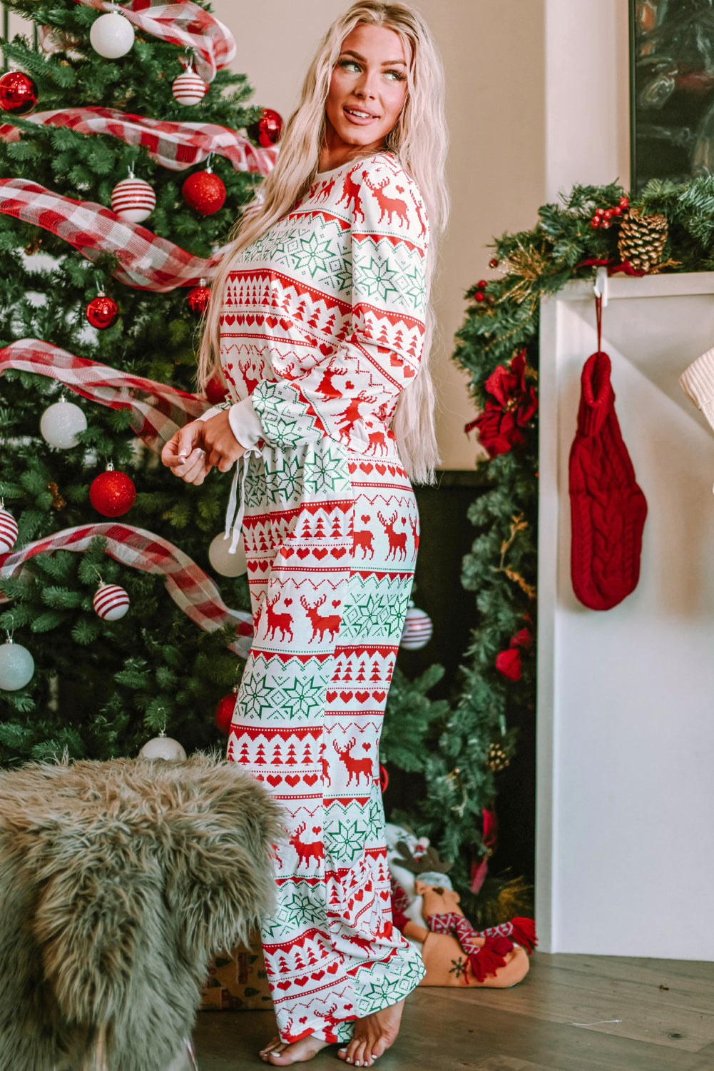 Bright White Christmas Print Pullover and Pants Lounge Set