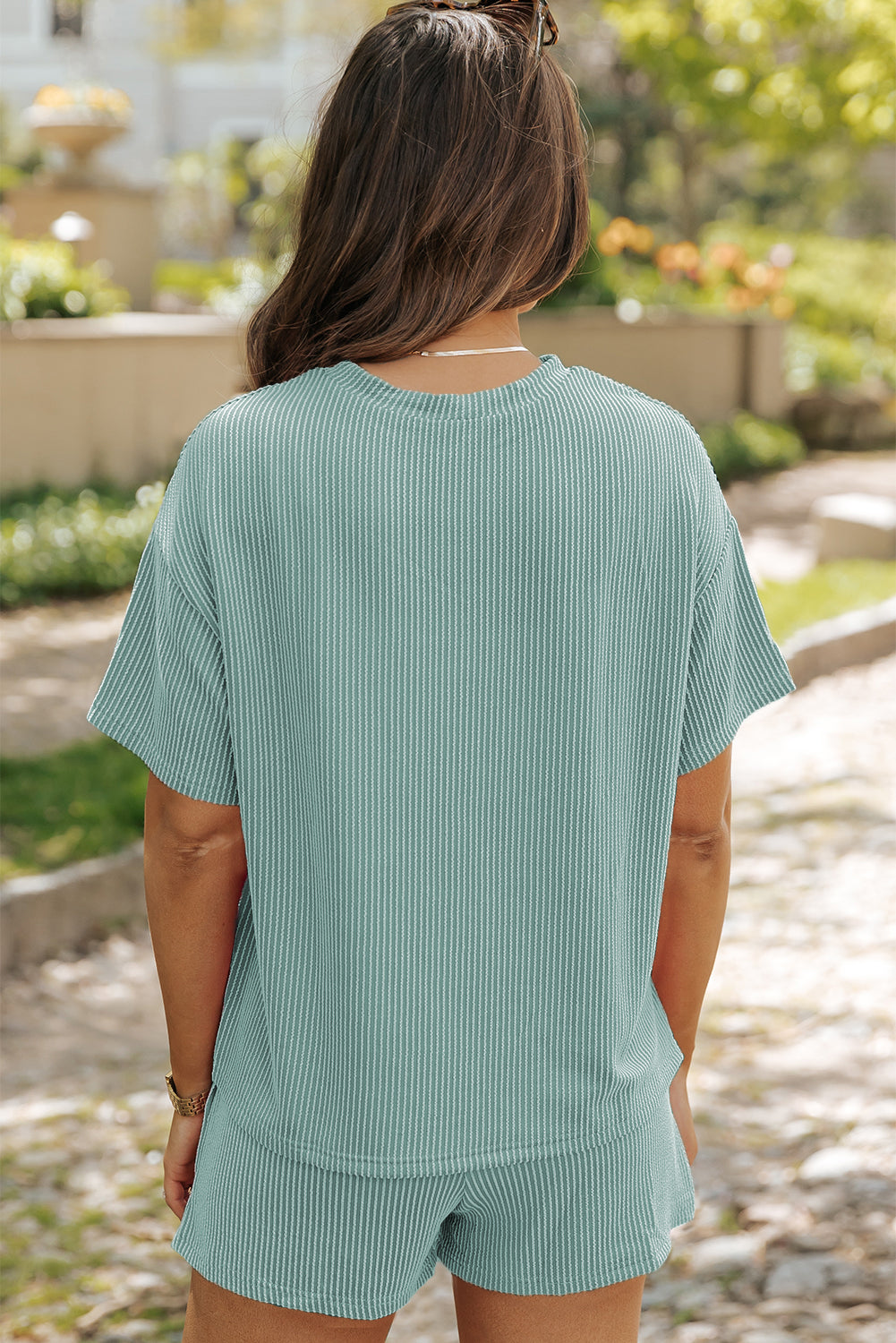 Islandblaues, geripptes, strukturiertes Strick-T-Shirt mit lockerer Passform und Shorts-Set