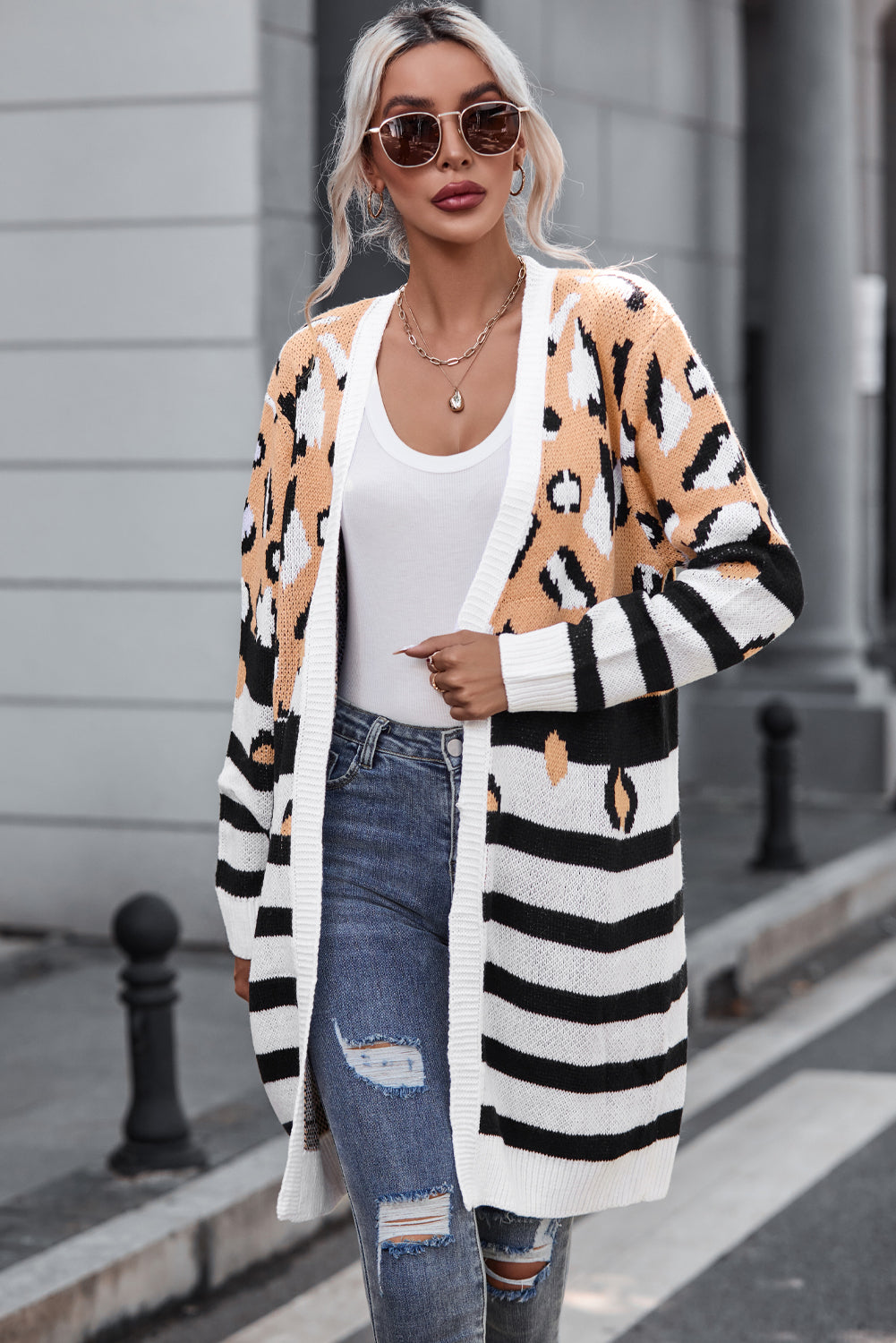 Brown Leopard Striped Mixed Print Open Front Cardigan