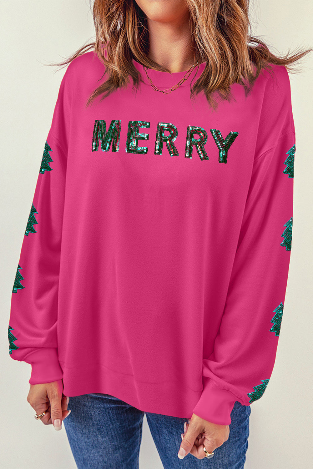 Sweat-shirt patchwork à paillettes MERRY Christmas Tree rose fraise