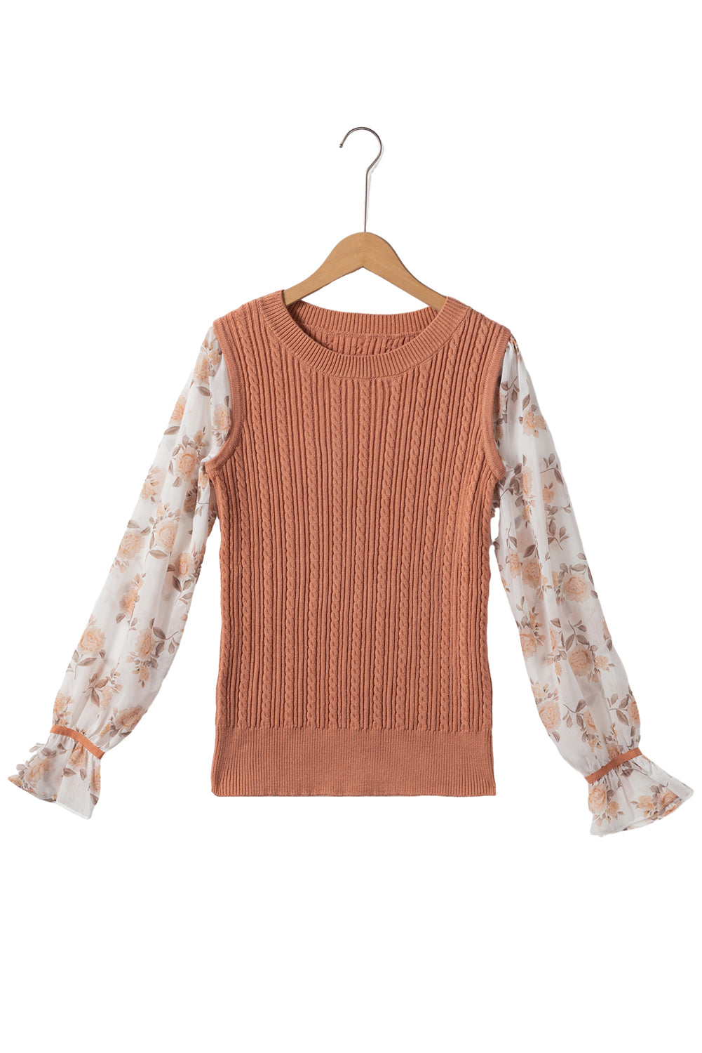 Goldener, floraler Patchwork-Pullover mit gerüschten Bündchen und Zopfmuster