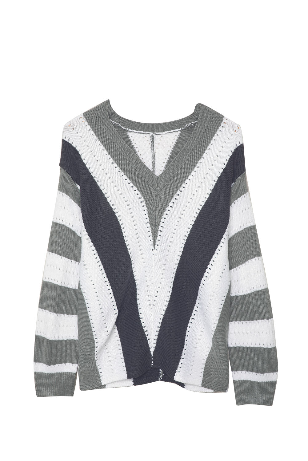 Pleten pulover z v-izrezom s sivimi črtami in barvami