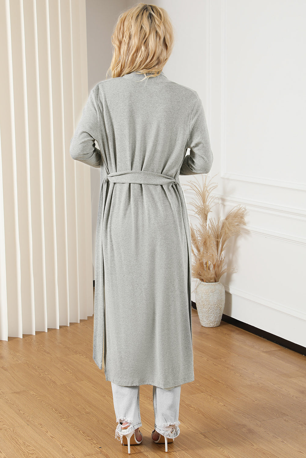 Gray Tie Back Long Open Front Cardigan