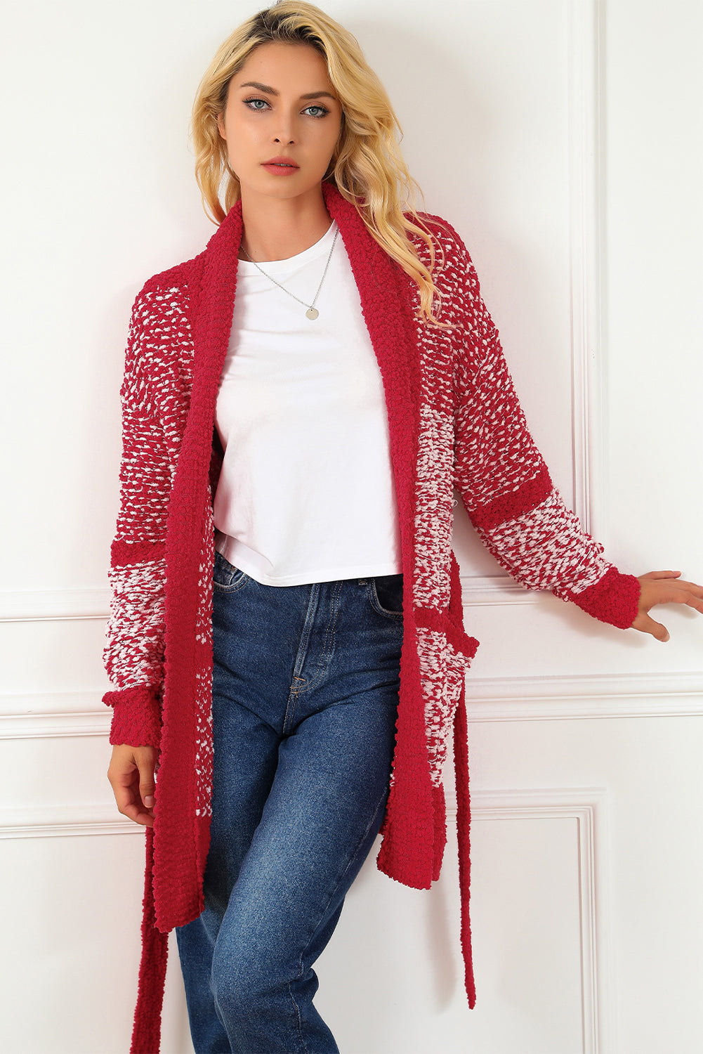Fiery Red Contrast Trim Belted Chunky Cardigan