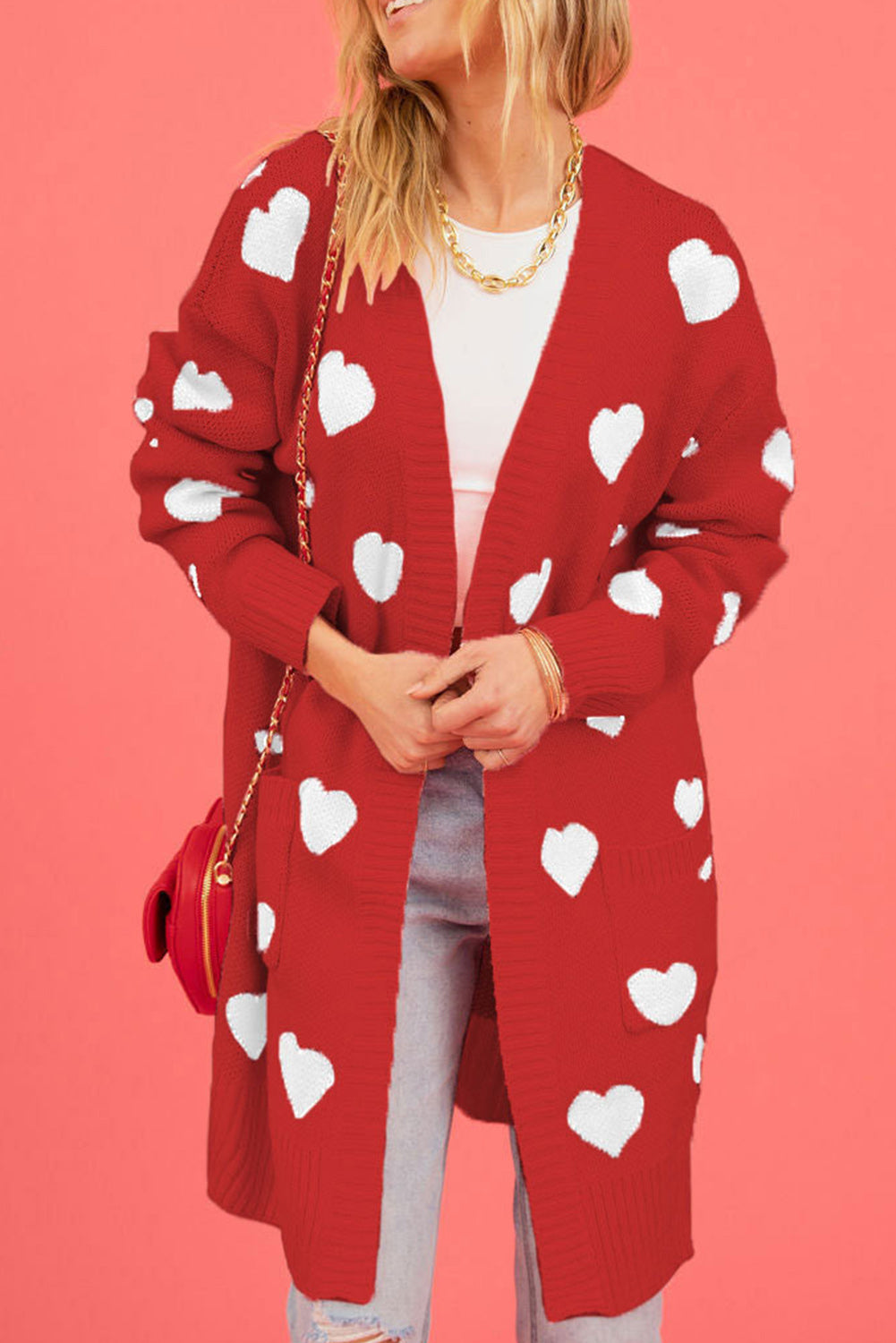 Vatrenocrveni kardigan s otvorenim prednjim dijelom s uzorkom srca za Valentinovo