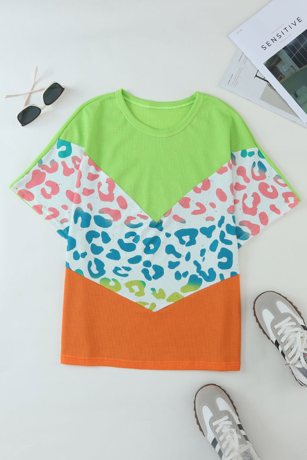 Green Color Block Leopard Waffle Knit Patchwork T-Shirt
