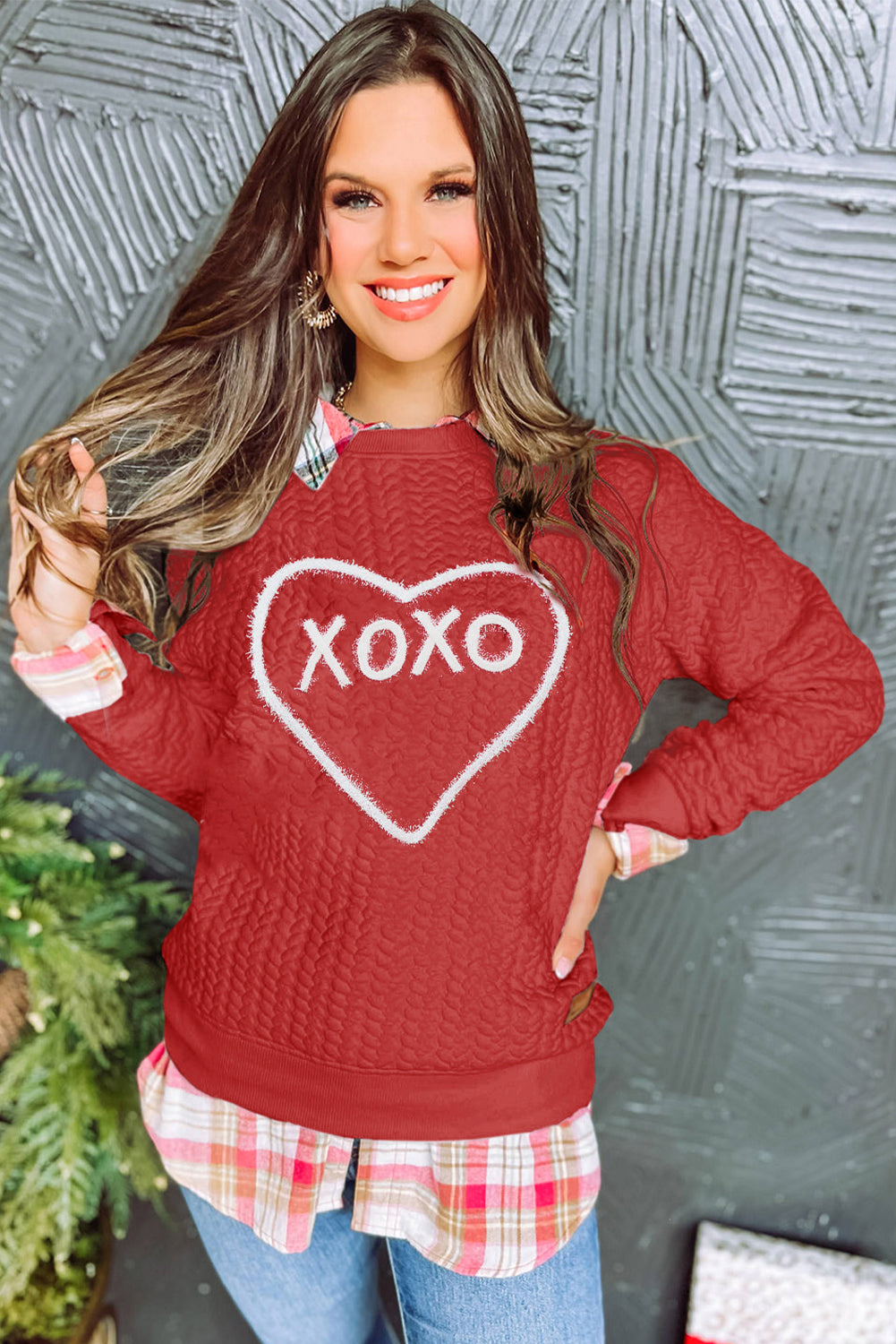 Racing Red Heart XOXO Chenille besticktes strukturiertes Sweatshirt