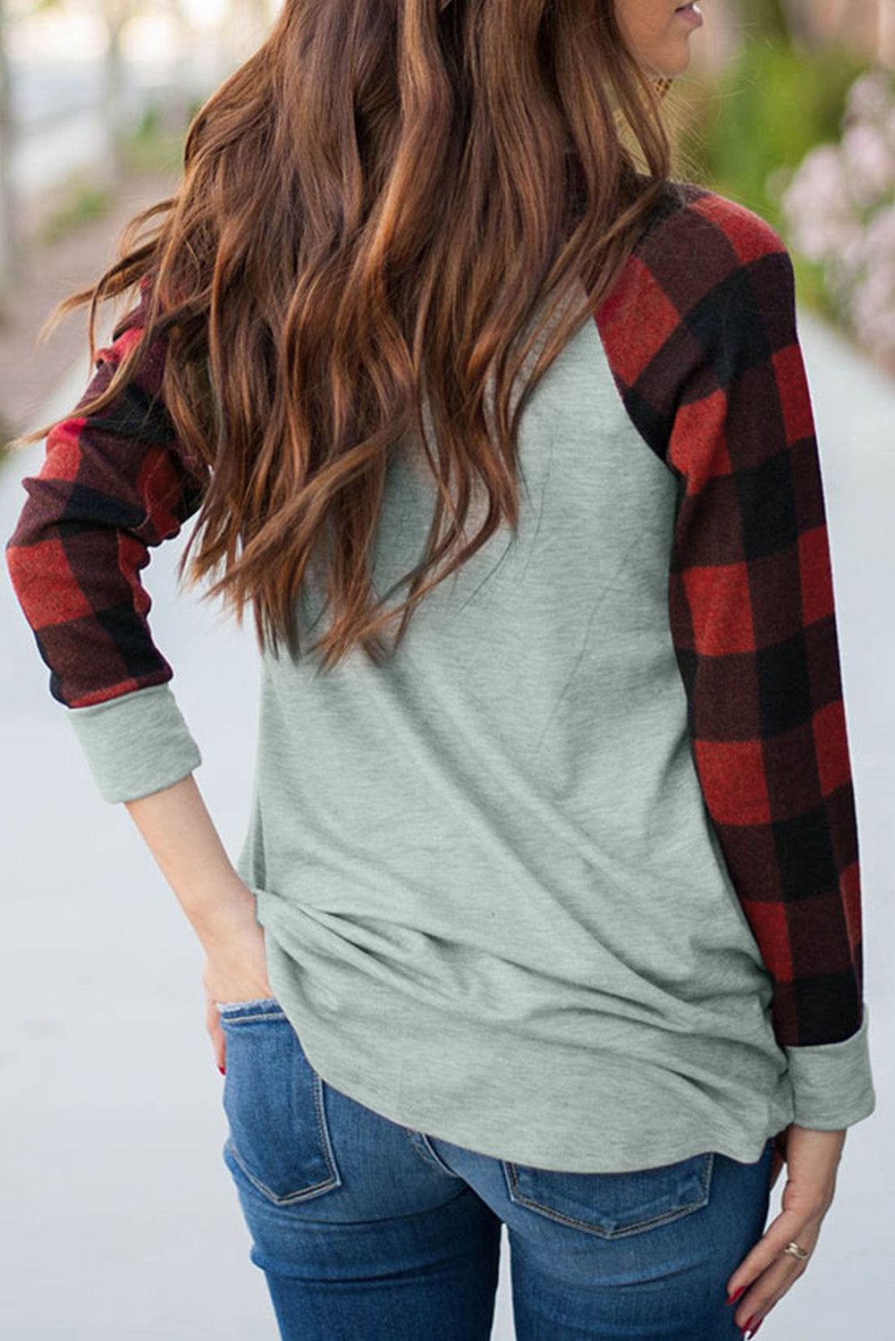 XOXO Plaid Sleeve Colorblock Sweatshirt