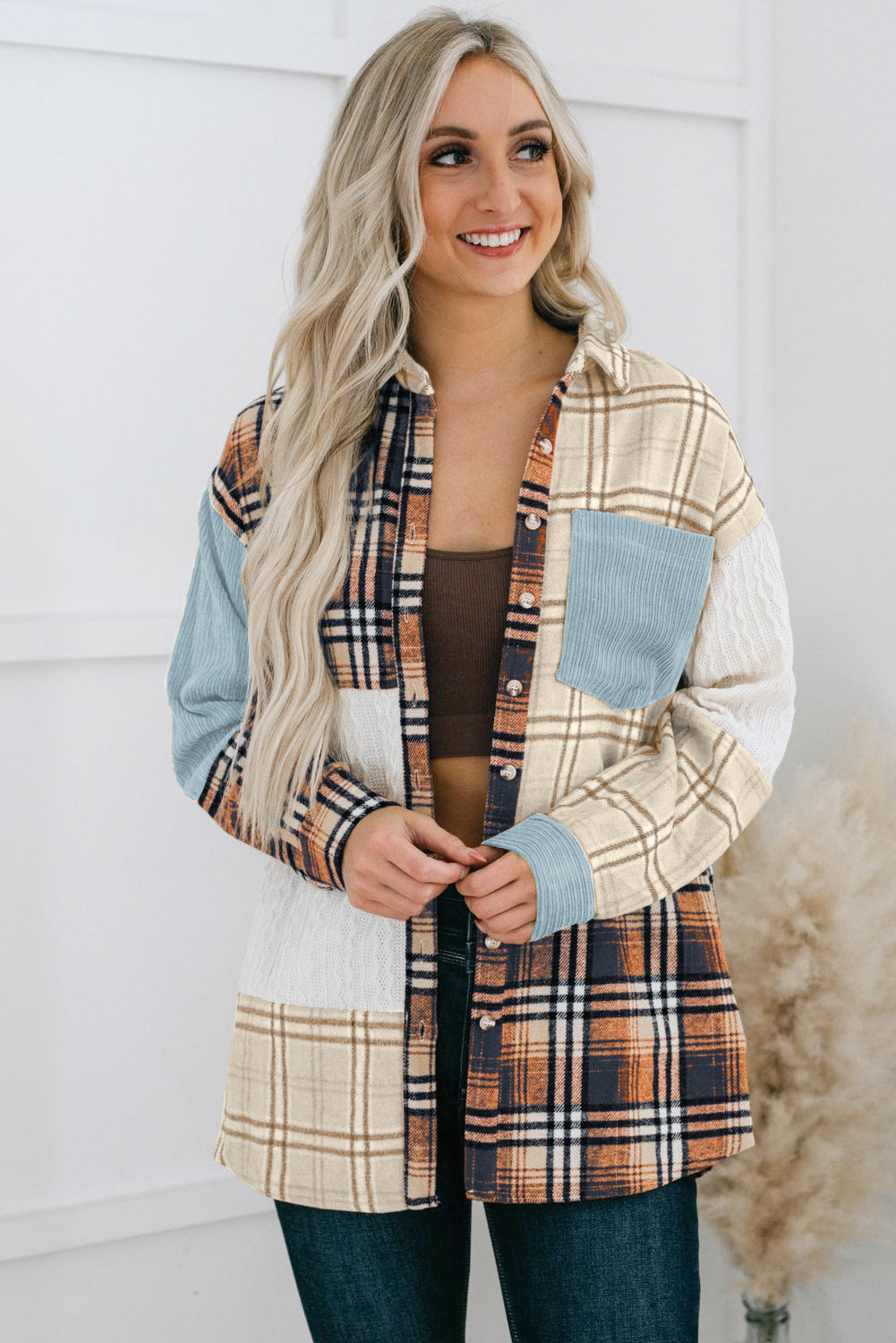 Blue Plaid Color Block Patchwork Shirt Jacket with Pocket