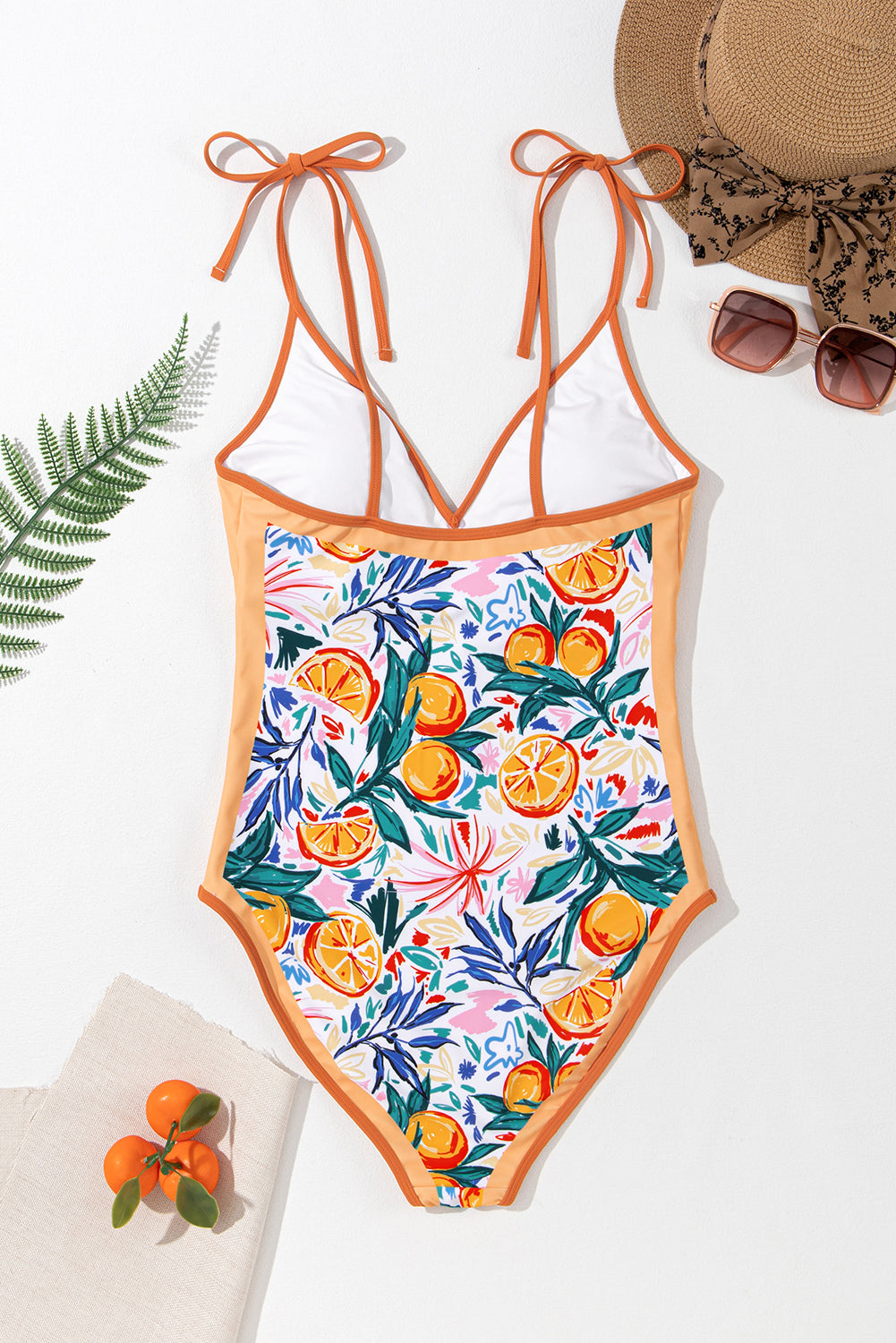 Jednodijelni kupaći kostim s vezanim naramenicama s V izrezom i printom biljke naranče