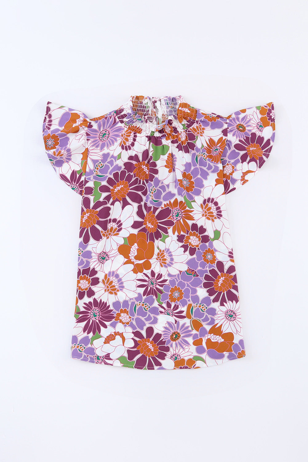 Vijolična večbarvna majica s stoječim ovratnikom in cvetličnimi rokavi
