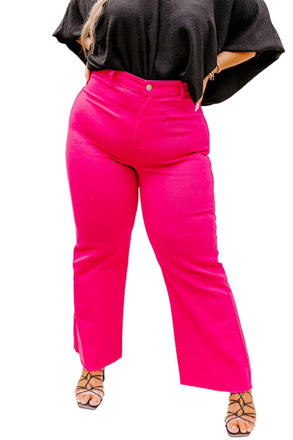 Rose Pantalon taille haute à jambe large et ourlet brut de couleur unie de grande taille