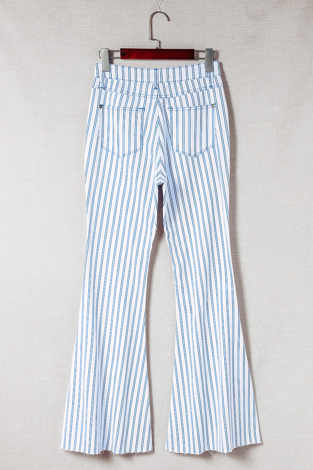 Pantalon évasé blanc taille haute à rayures et imprimé