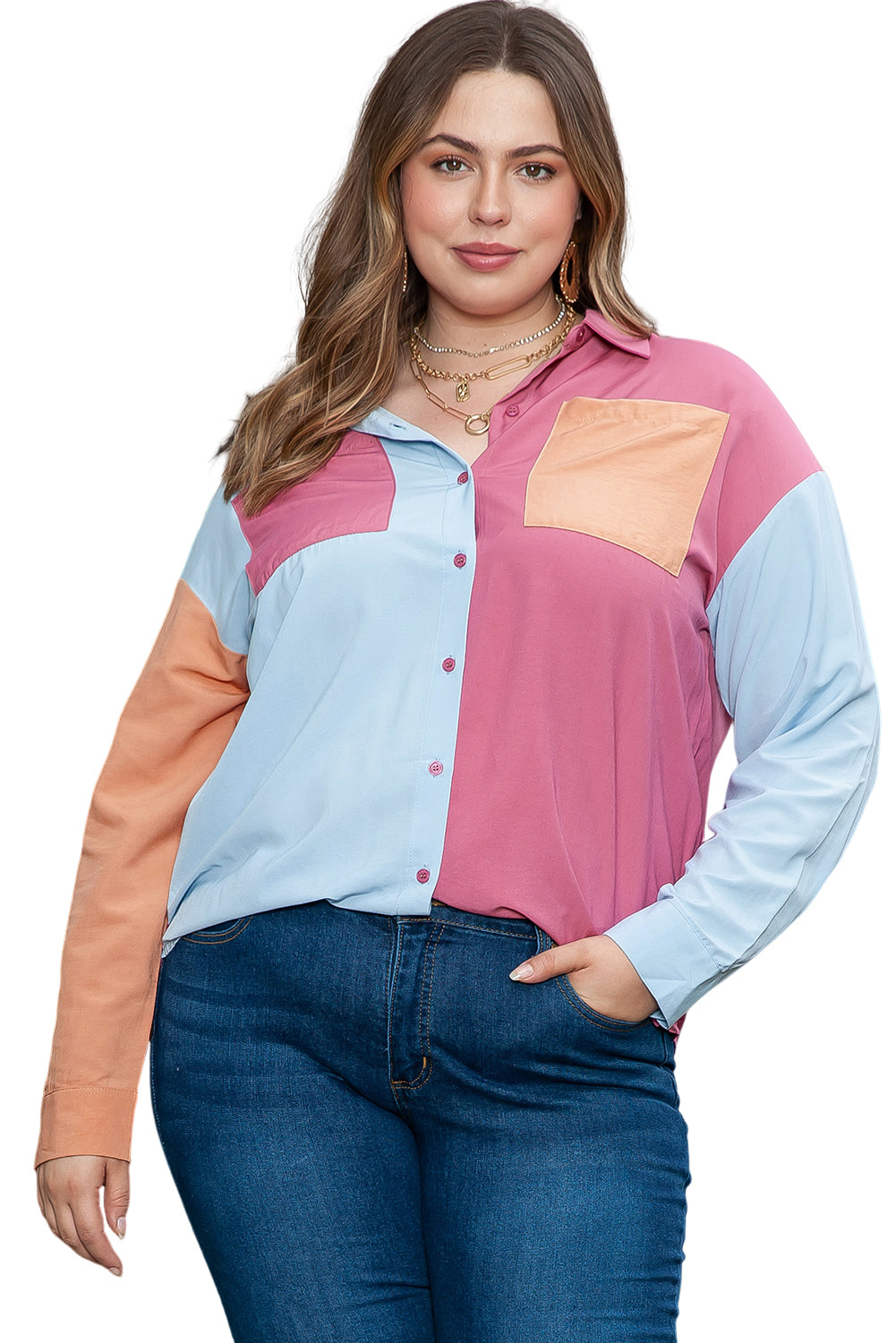 Rosafarbenes Plus-Size-Hemd mit Farbblock-Brusttaschen