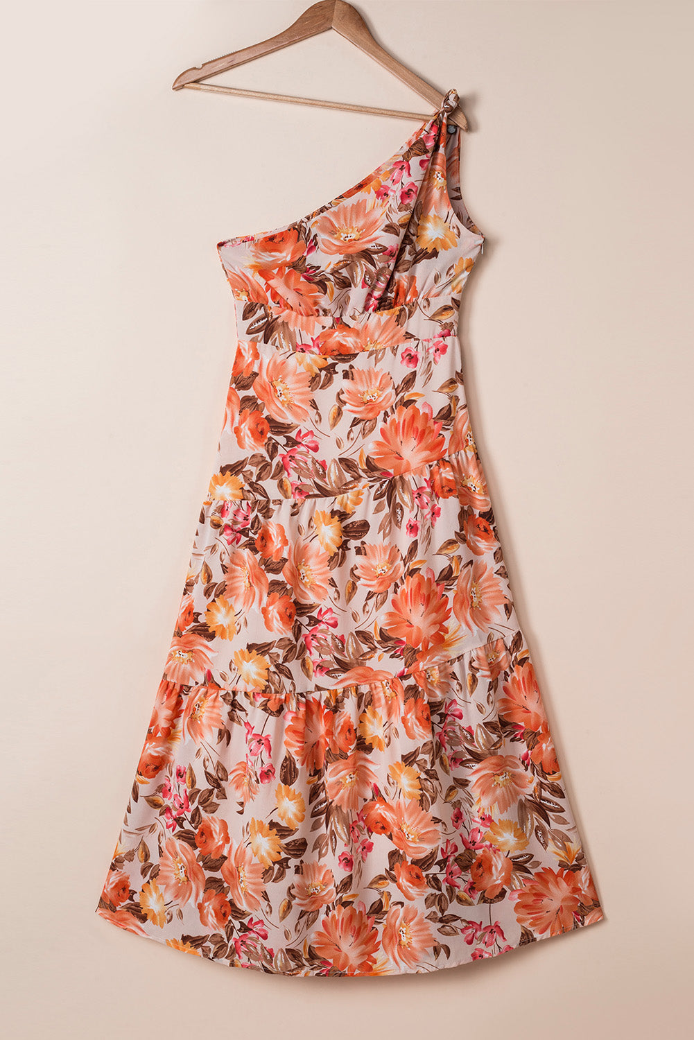 Narančasta maxi haljina s plisiranim cvjetnim uzorkom na jedno rame i visokim strukom