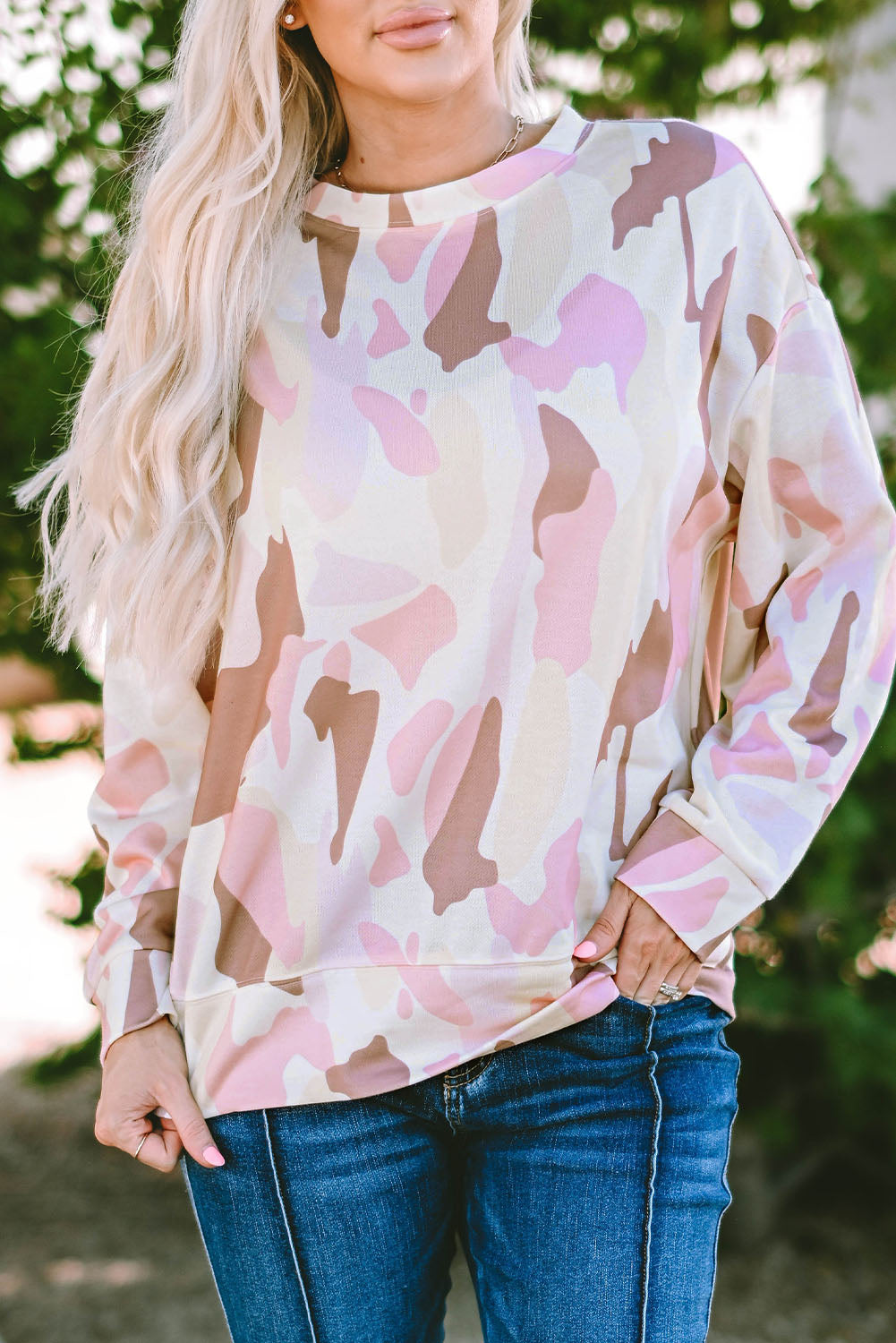 Pink Geometric Print Crewneck Pullover Sweatshirt