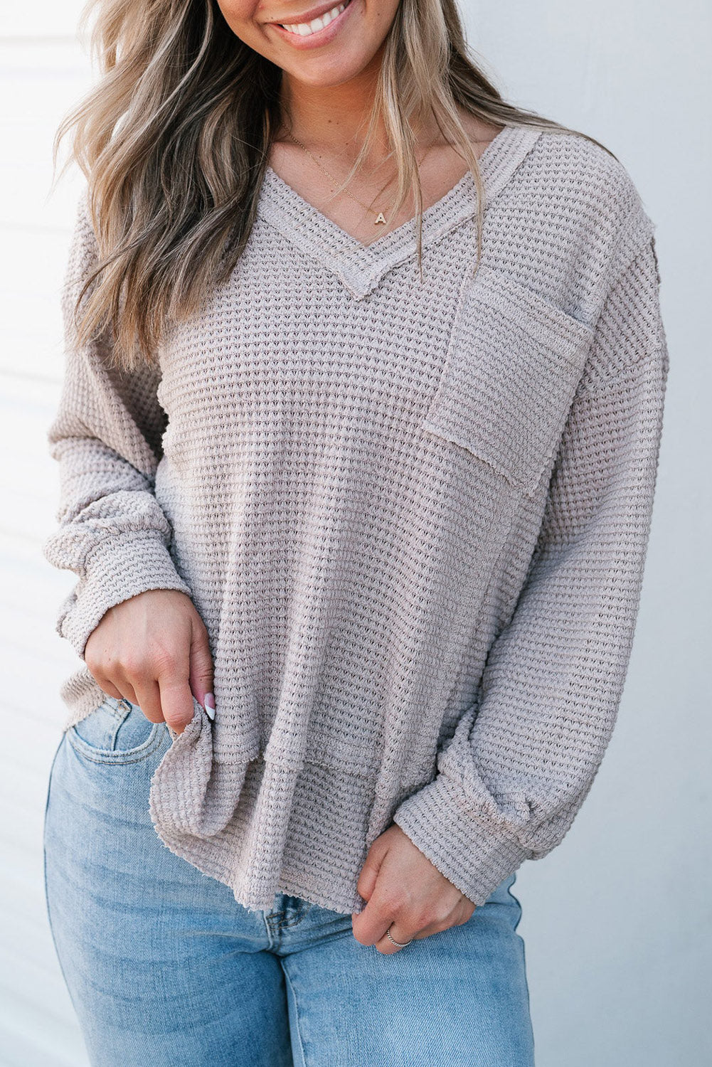 Mist Blue Raw Edge Detail Waffle Knit V Neck Top