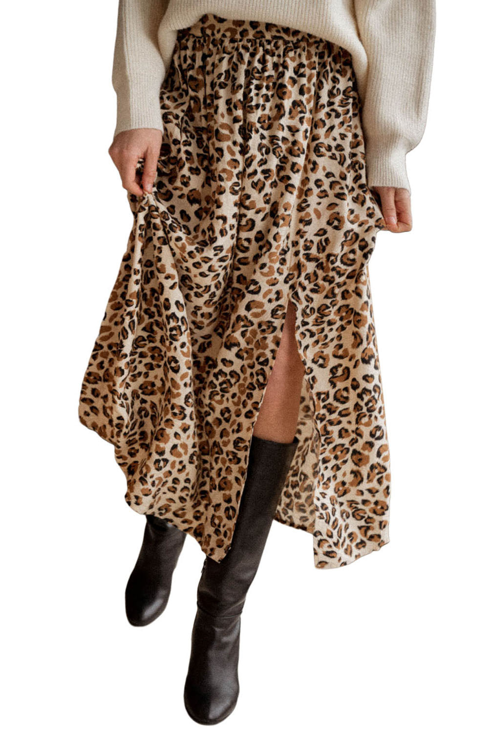 Jupe longue taille haute à imprimé animal léopard et fente latérale
