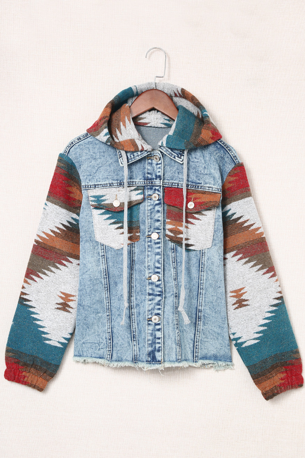 Traper jakna s pohabanim porubom s višebojnim aztečkim printom