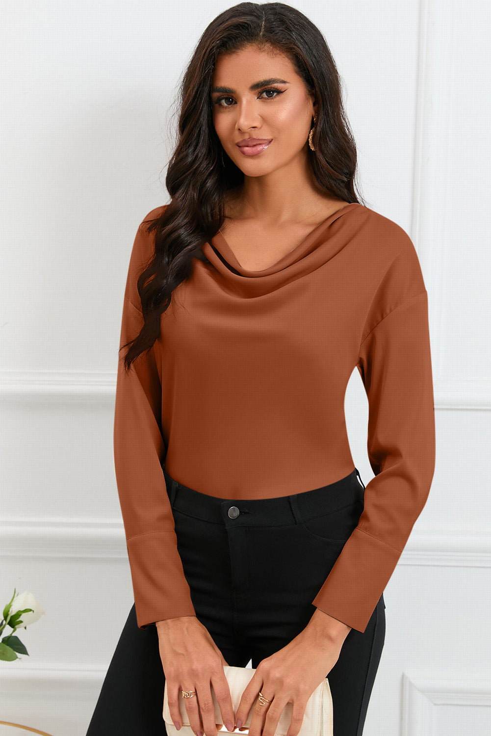 Brown Cowl Neck Long Sleeve Elegant Blouse