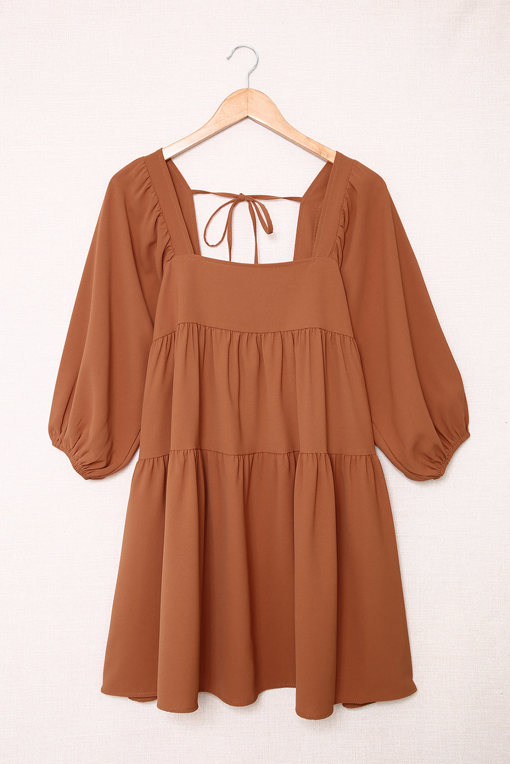 Brown Square Neck Half Sleeve High Low Mini Dress