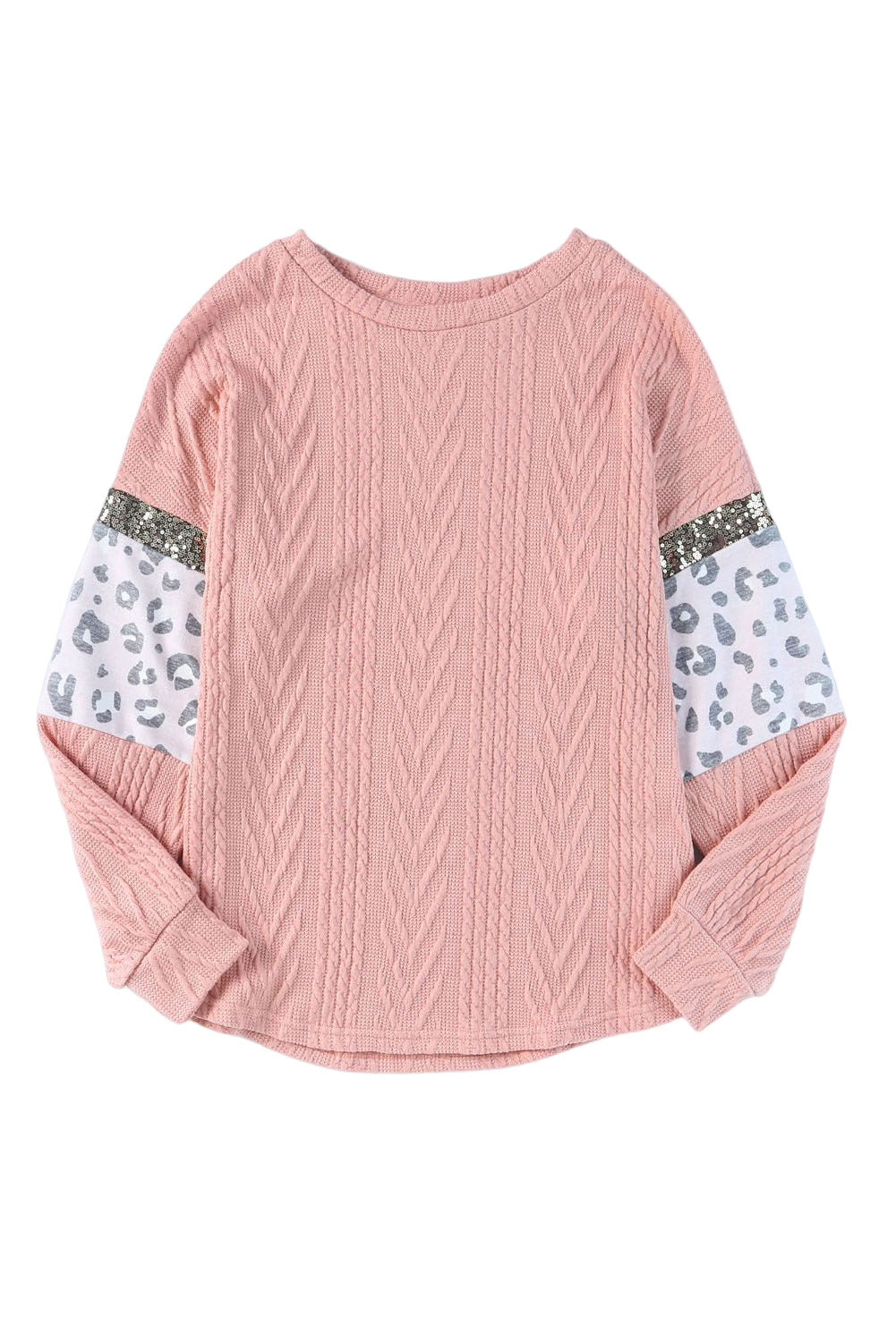 Rožnata pletena majica z leopardjimi rokavi in ​​teksturiranimi bleščicami