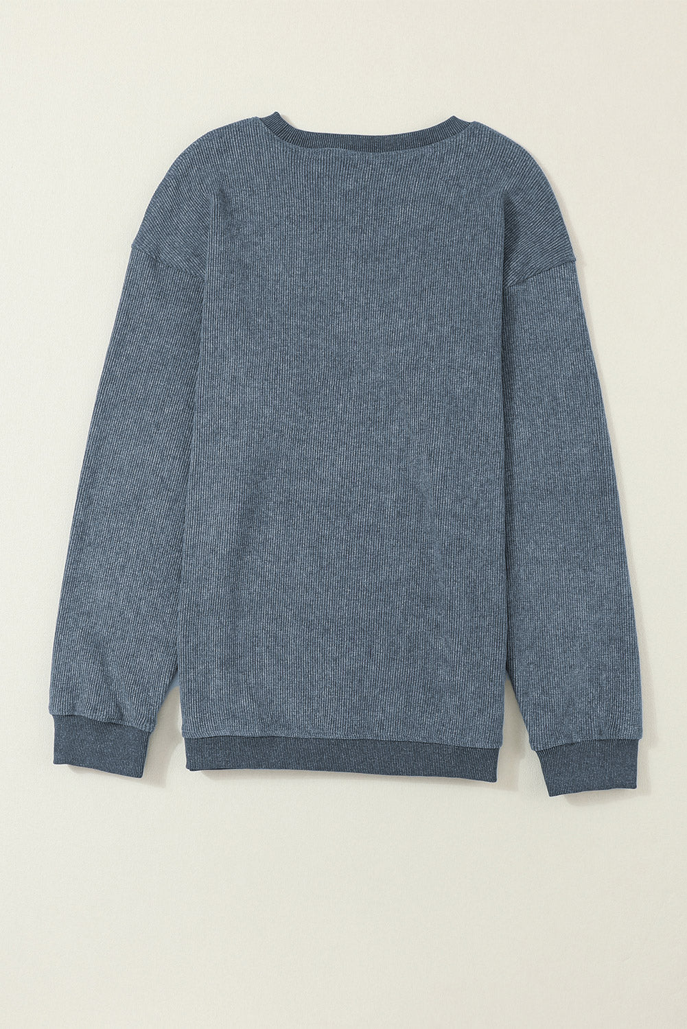 Plavi jednobojni rebrasti pulover s okruglim izrezom
