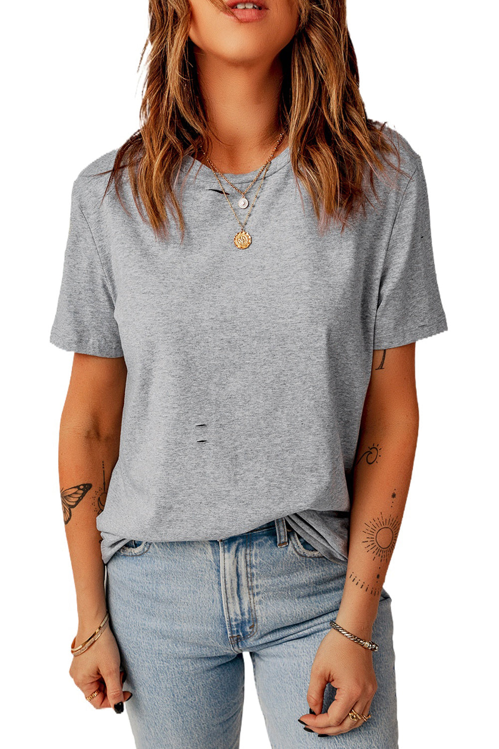 Gray Ripped Solid Color Short Sleeve T Shirt