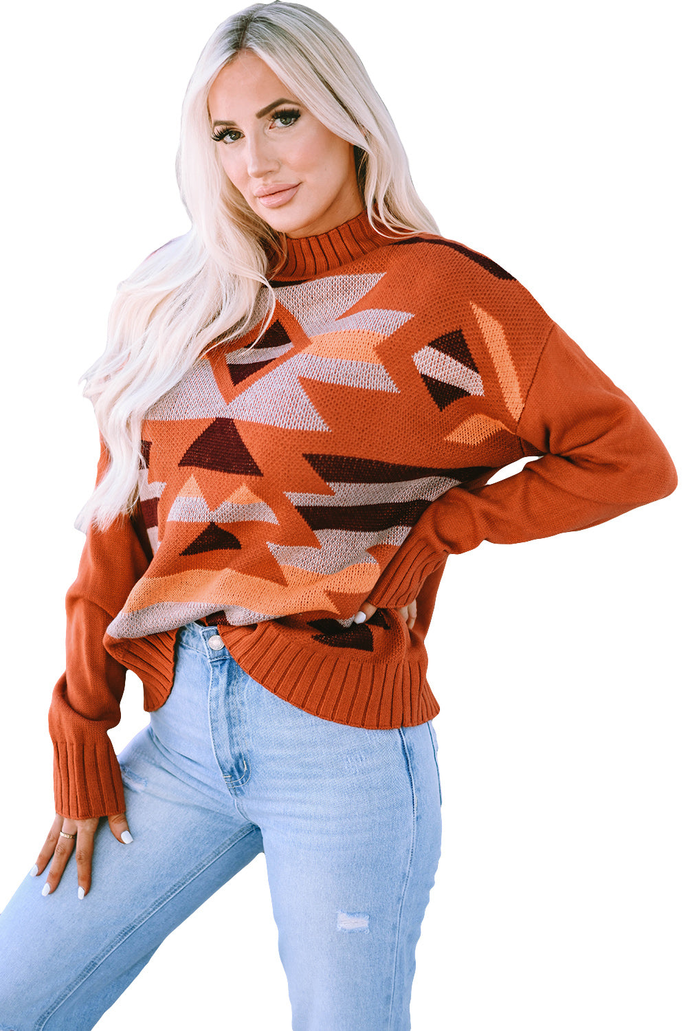 Rjav azteški pleten pulover z visokim ovratnikom na ramena