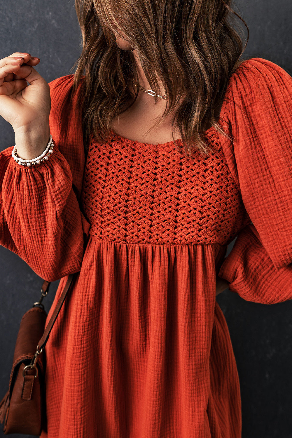 Brown Textured Front Crochet Babydoll Dress