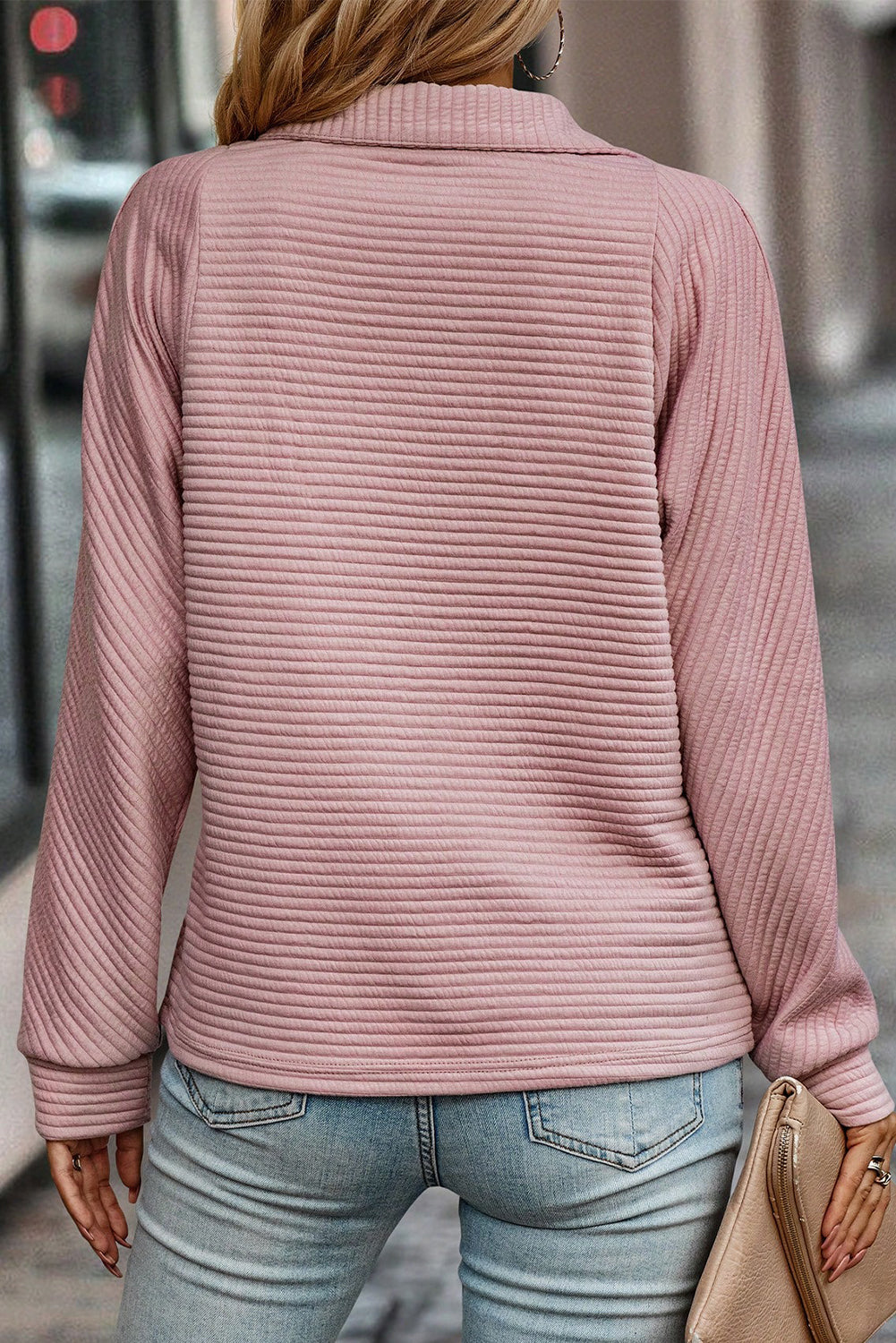 Mittelgraues, geripptes Sweatshirt mit Viertelreißverschluss