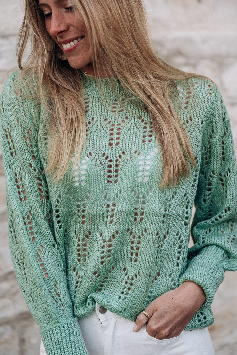 Zeleni prozirni pleteni pulover na špice