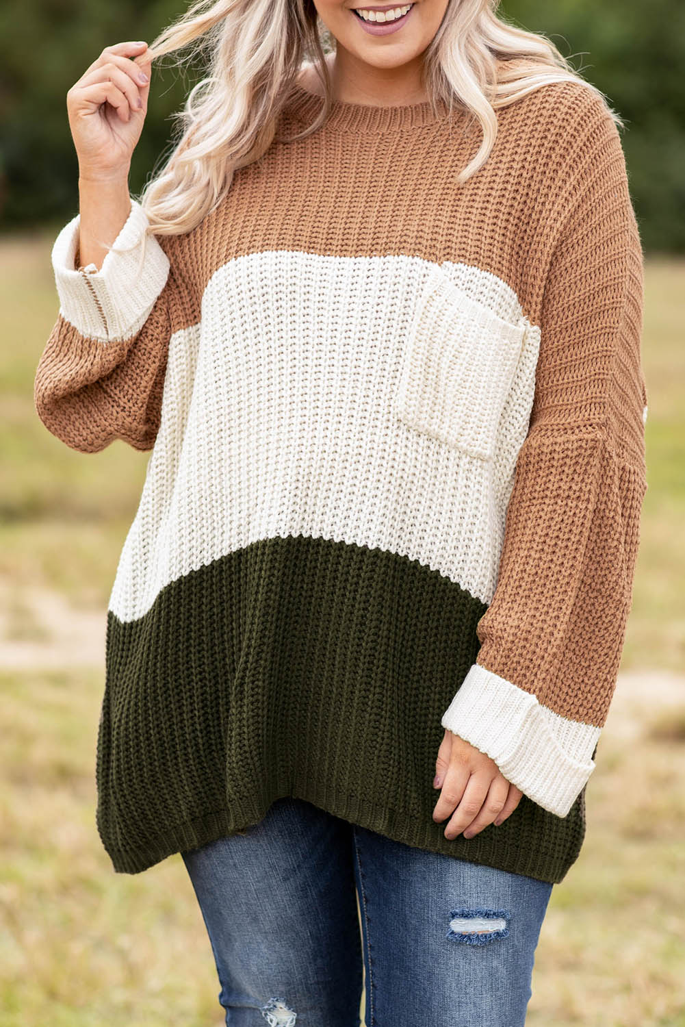 Khaki pleteni džemper veće veličine s blokovima boja
