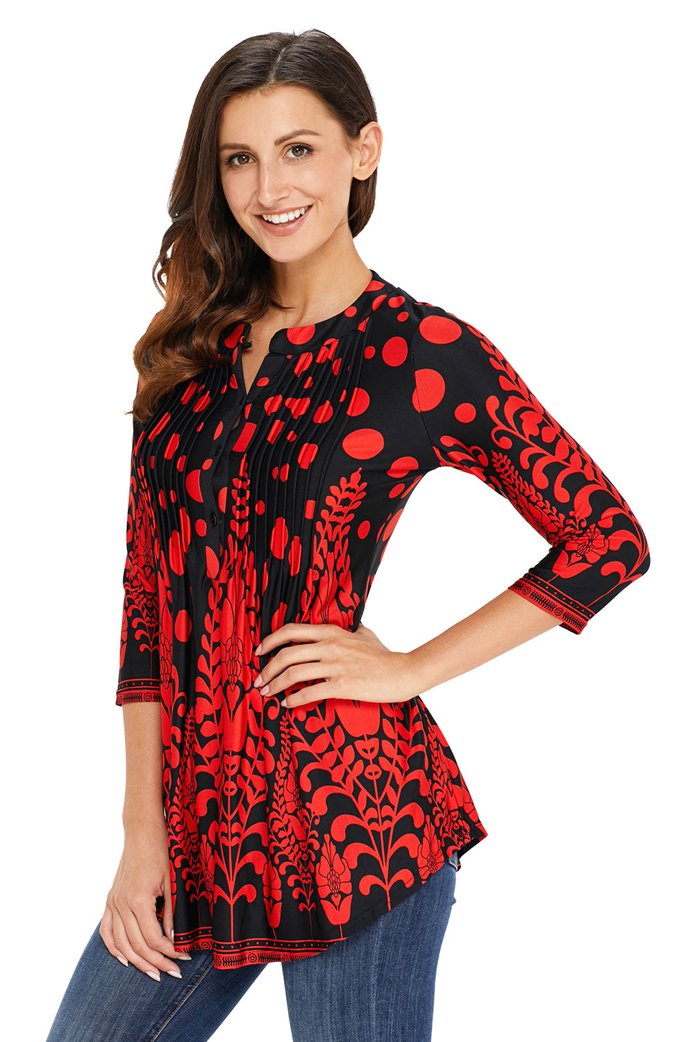 Black Floral Notch Neck Pin-tuck Tunic